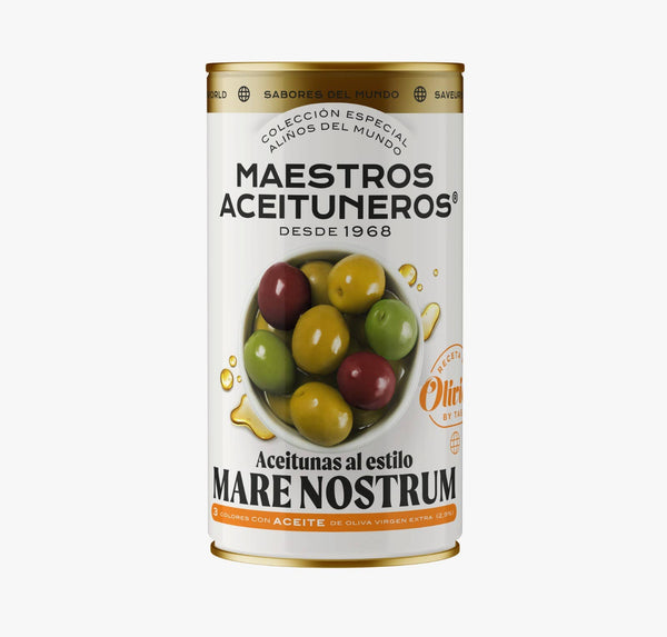 Olives tricolores au style Mare Nostrum – avec huile d’olive vierge extra | Maestros Aceituneros
