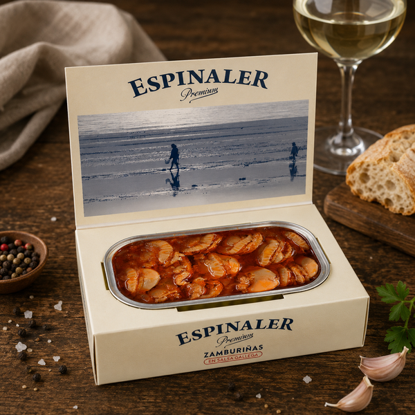 Zamburiñas in Galician sauce by Espinaler, 125g tin, hand-packed scallop conserve
