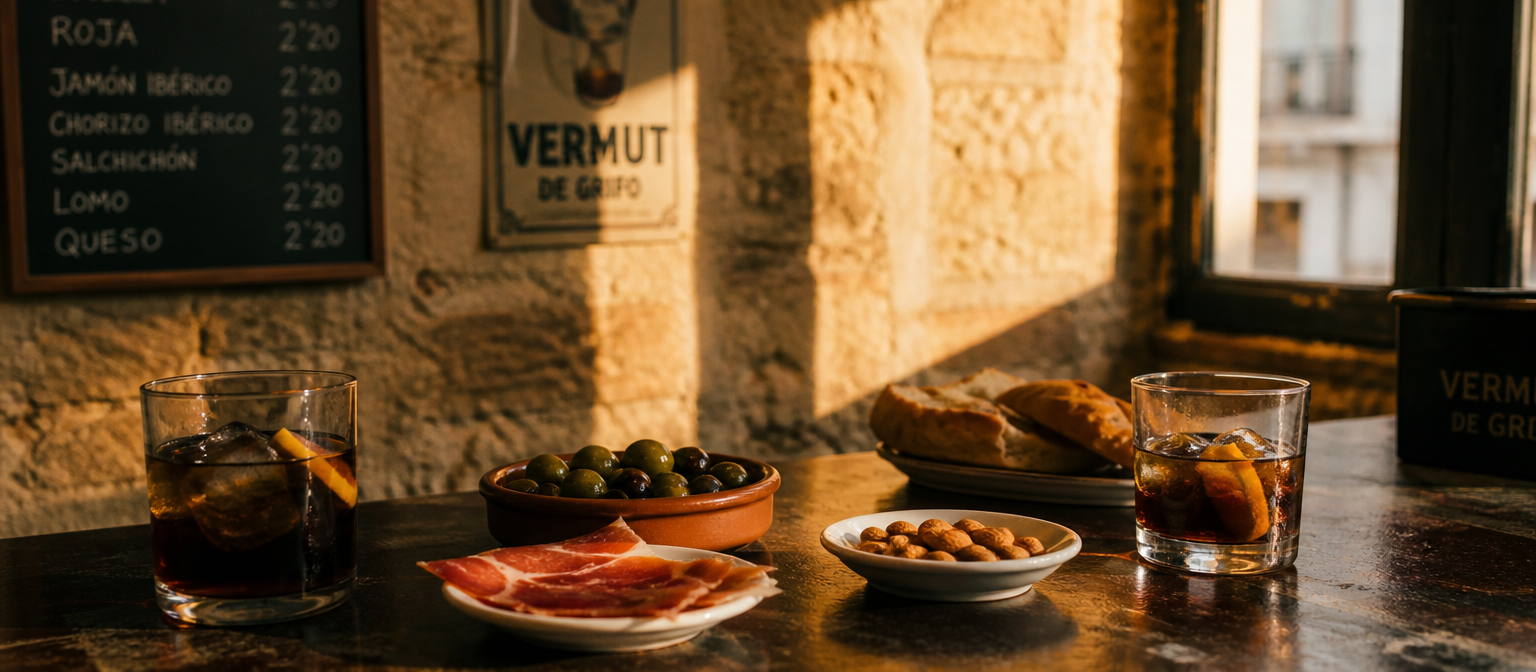 Apéritif espagnol — vermouth, charcuterie, olives, pain