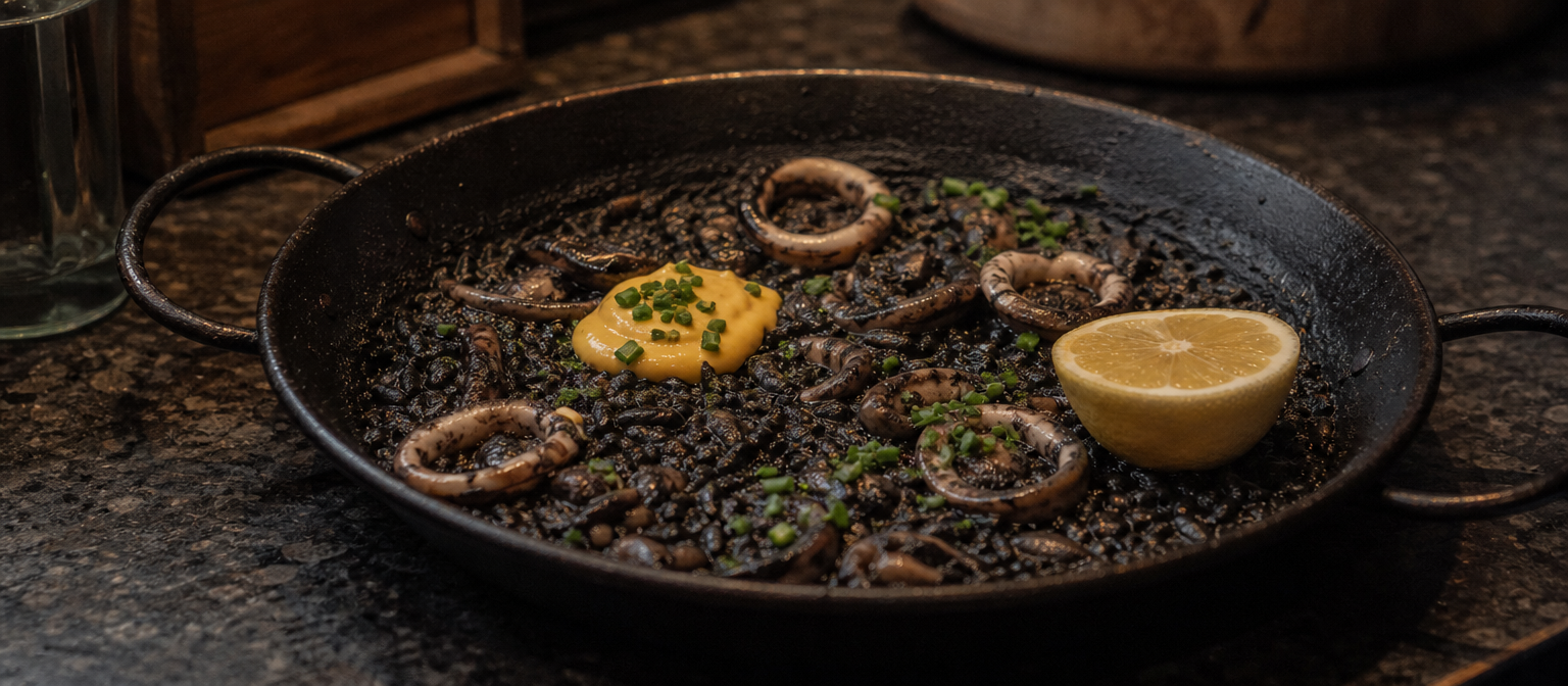 Chipirons en su tinta sur riz noir, aïoli safrané