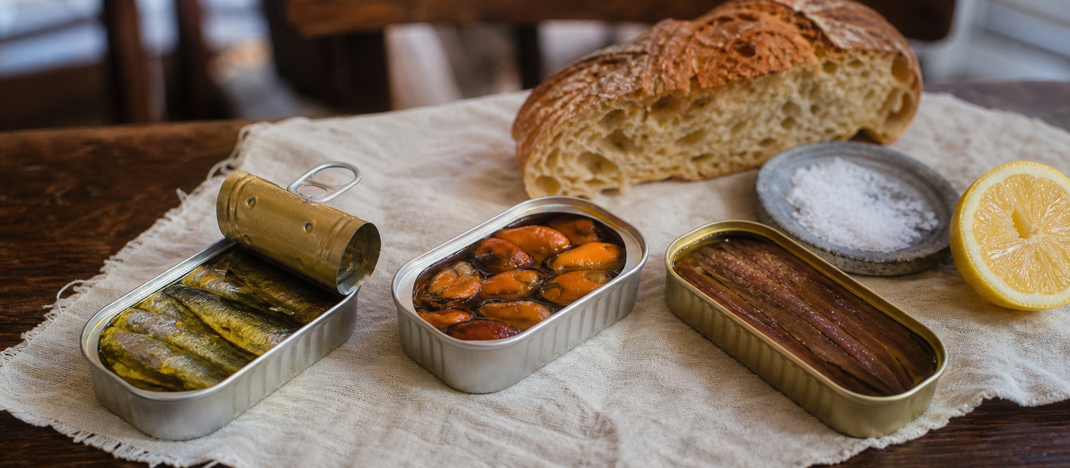 Conserves de poisson espagnoles — boîtes ouvertes sur table
