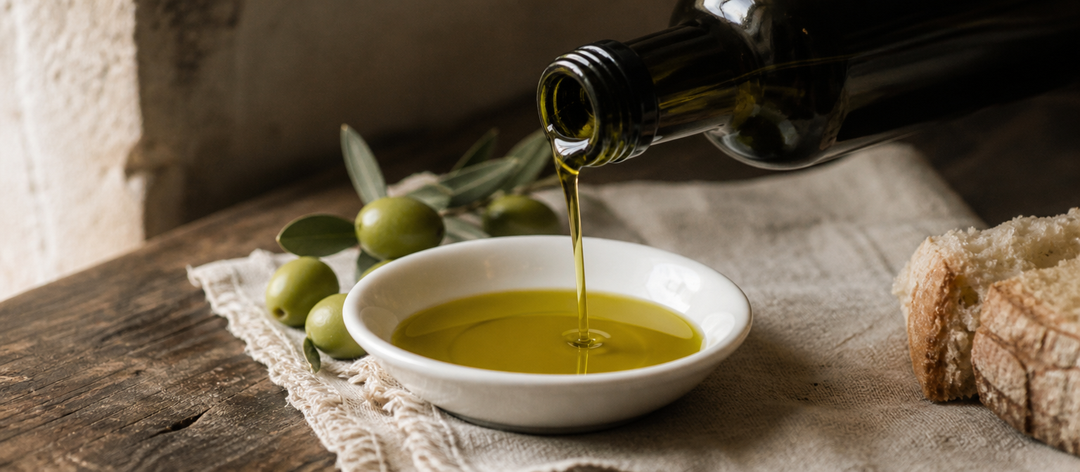 Huile d'olive vierge extra espagnole versée dans coupelle blanche