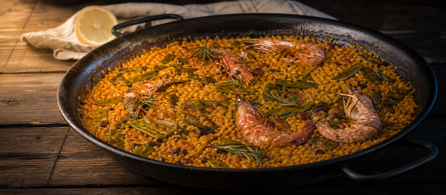 Paella valencienne traditionnelle dans une paellera en acier, riz au safran et fruits de mer