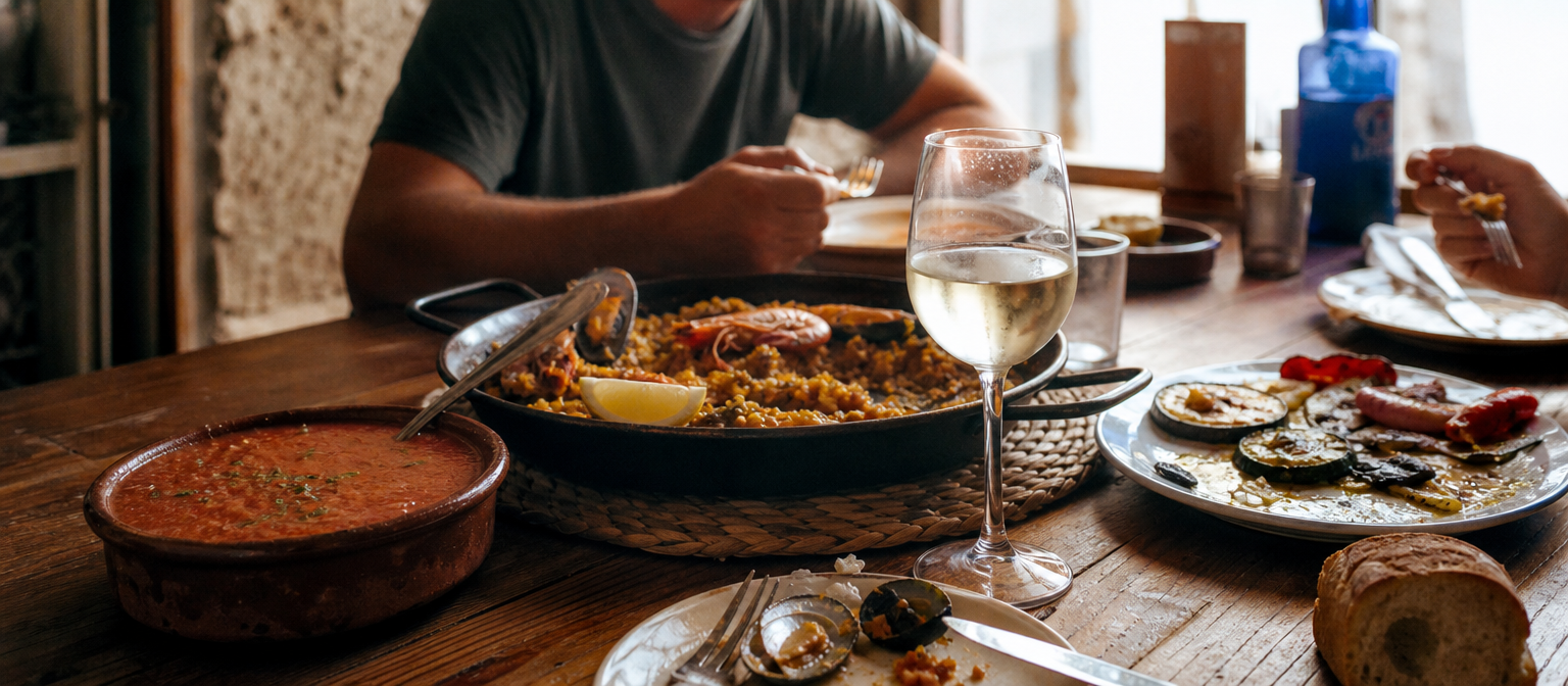 Table méditerranéenne — paella, gazpacho, légumes grillés, vin blanc