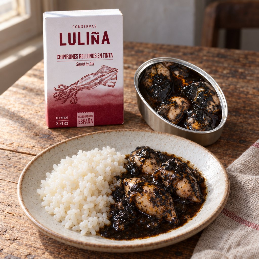 Chipirones al nero di seppia Luliña con riso bianco