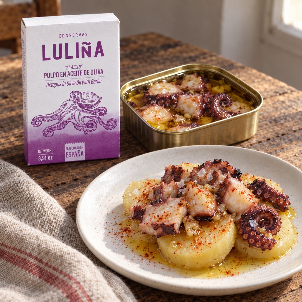 Polpo all'aglio Luliña su patate tiepide