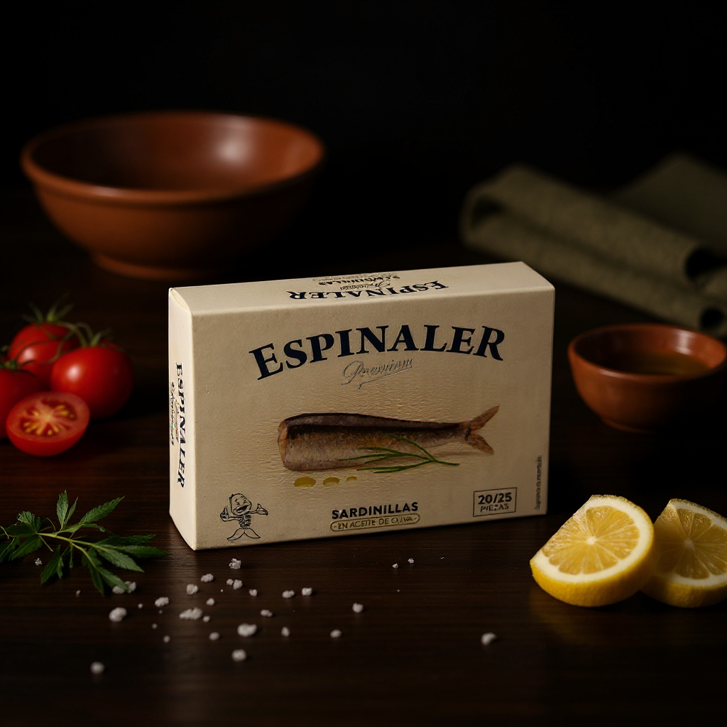 Sardinillas Espinaler 20/25 à l'huile d'olive — boîte RR-125 sur table en bois