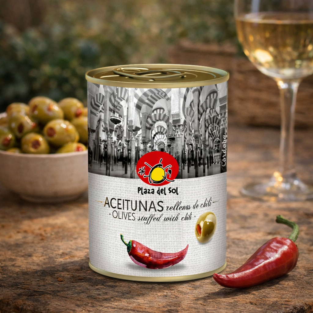 Gefüllte grüne Oliven mit Chilipaste – Plaza del Sol (280 g)