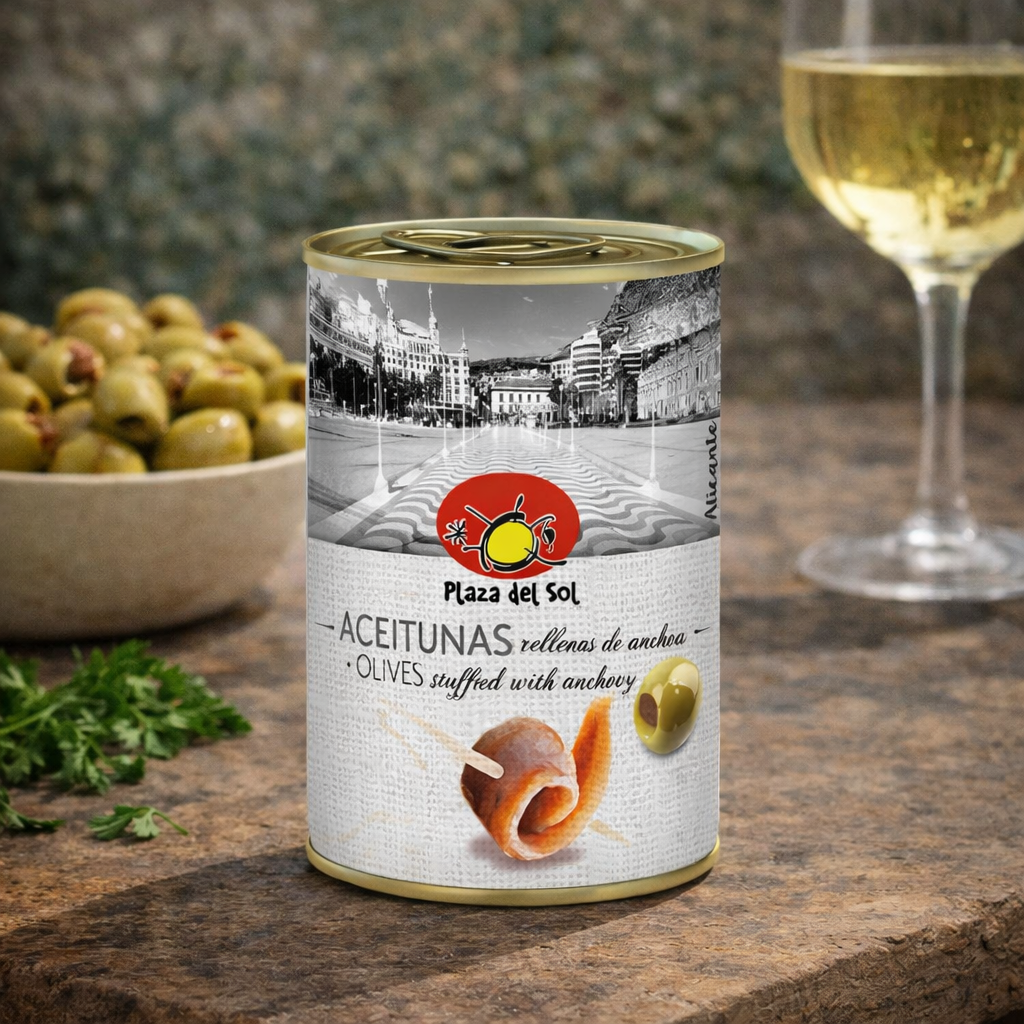 Olives vertes farcies à la pâte d’anchois – Plaza del Sol (280 g)