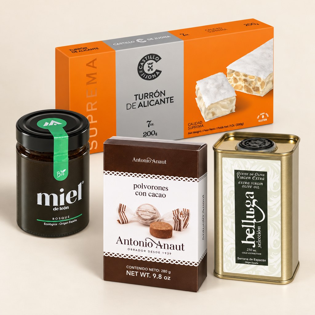 Panier de Noël Orígenes — miel, turrón, polvorones, huile