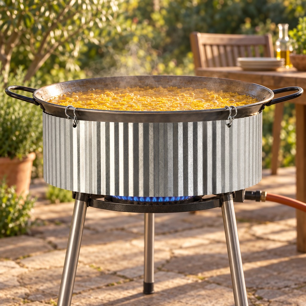 Pare-vent universel pour paella Flames VLC (Ø 80-100 cm) autour d'une paella en plein air