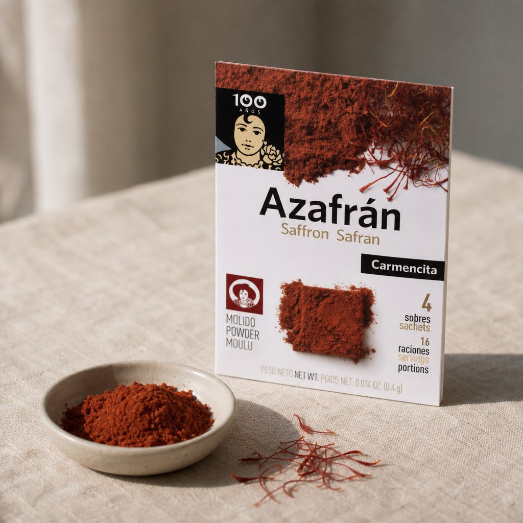 Astuccio di zafferano macinato Carmencita, 4 bustine, e una ciotolina di zafferano macinato